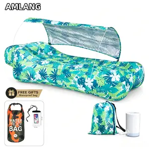 AMLANG Leaf Green Inflatable Air Couch, Portable Air Lounger with Sun Shade, Storage Space & Stability Pegs, 2 Inflation Modes with Pump for Beach Camping, Free Waterproof Bag + Waterproof Phone Pouch