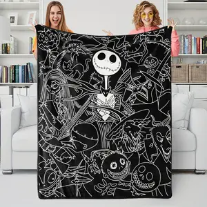 Black & white flannel blanket featuring Jack Skellington & various dark-themed elements, creating a quirky Gothic style, suitable for various occasions such as sofas, beds, travel, naps, offices & camping, stylish & durable, available in multiple designs.