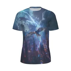 Unisex 3D Graphic T-Shirt – Stormy Sky Lightning, Hawk in Flight Over Neon Cityscape | Casual Streetwear for Men & Women, Ideal for Festivals, Outdoor Activities, Daily Fashion