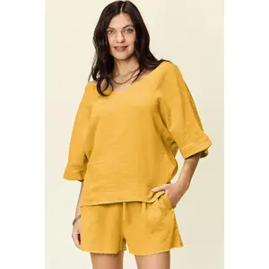 Double Take Texture Half Sleeve T-Shirt and Drawstring Shorts Set