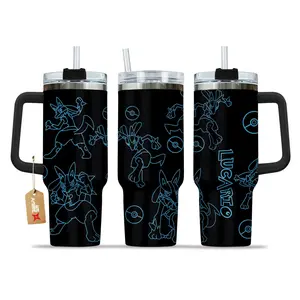 STORMMECH- Lucario 40oz Handle Tumbler – PKM Stainless Steel Travel Mug, Anime Inspired Vacuum Insulated Cup, Large Iced Coffee Tumbler, Manga Fighter Drinkware, Otaku Gift for Him Her