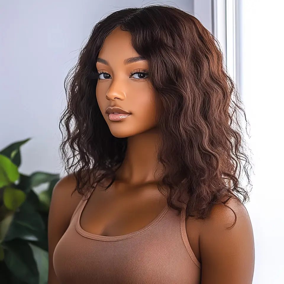2025 Hot 180% Short Chocolate Brown Human Hair Wig Glueless Bob Wig Water Wave No Lace Front Wigs For Women # 4 Chestnut Brown Wig Soft Curly Deep Wave Human Hair Wigs For Women Short Bob Wig For Party