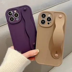 For iPhone 14 15 Pro Max SoCouple For iPhone 13 12 11 14 15 Pro Max X XR XS Max 8 7 Plus SE Wrist Strap Phone Holder Soft TPU Plain Color Case Cover