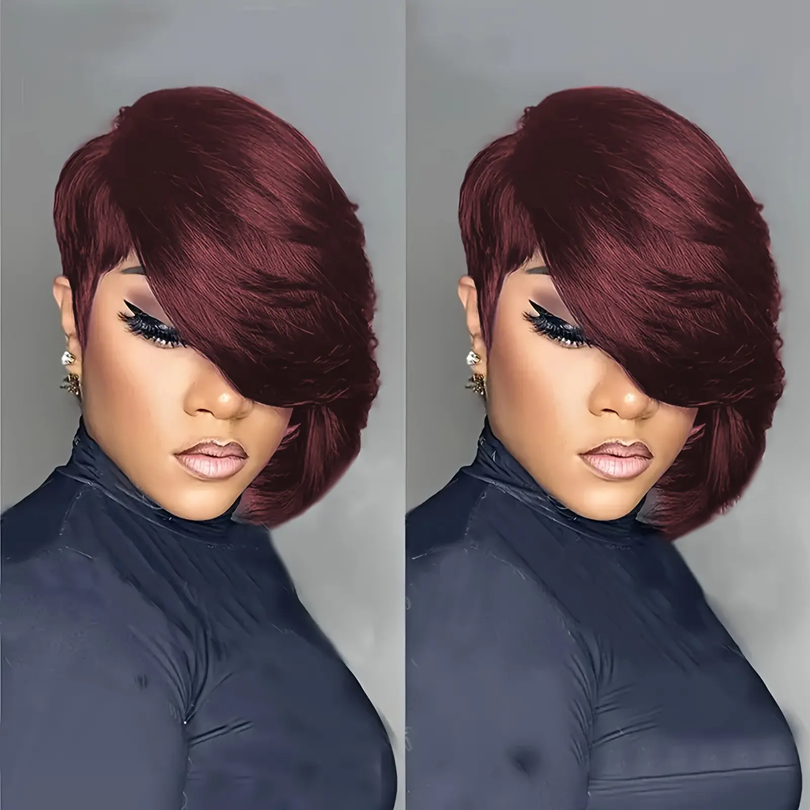 Hot Fashionable Short Pixie Cut Wig for Women - Burgundy, Black, Chocolate Brown Colored Long Side Bangs Pixie Bob Wigs - Glueless, Quick Get Up and Go, Full Machine Mad