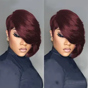 Hot Fashionable Short Pixie Cut Wig for Women - Burgundy, Black, Chocolate Brown Colored Long Side Bangs Pixie Bob Wigs - Glueless, Quick Get Up and Go, Full Machine Mad