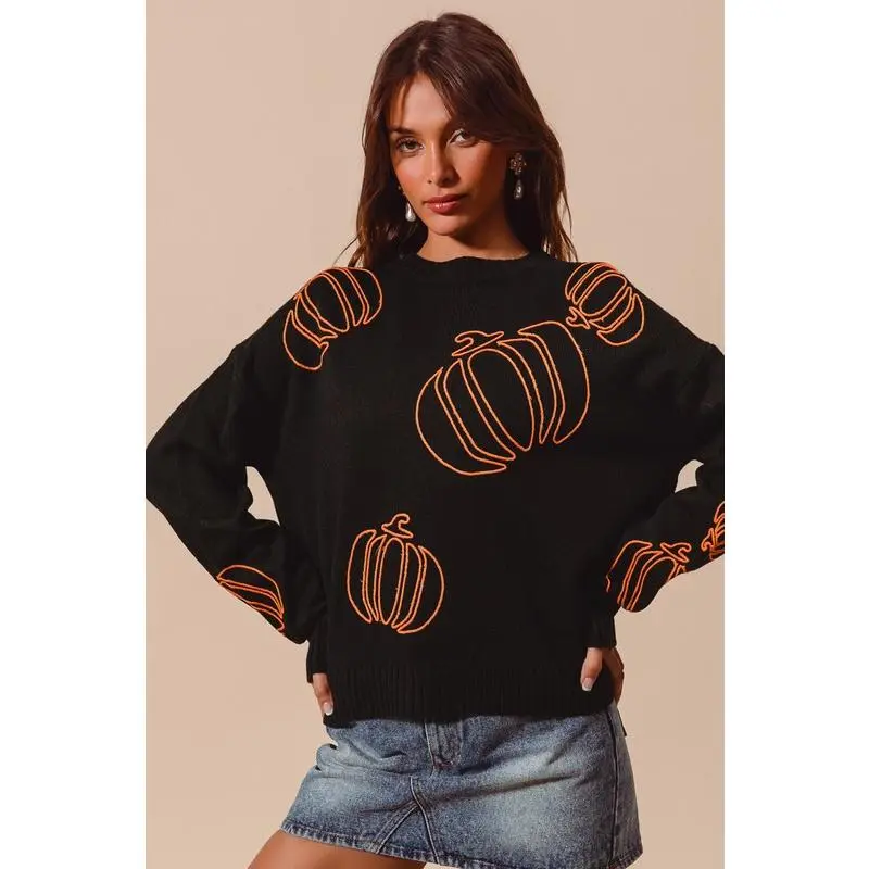 SO ME Pumpkin Embroidered Halloween Thanksgiving Sweater - Black Long Sleeve Crew Neck Casual Knit Pullover for Women