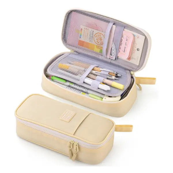 Durable Pen Pencil Case Big Storage Pen Pouch Bag for School Supplies College Teen Girls Adults, Beige