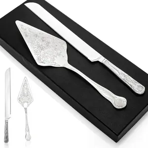 Wedding Cake Knife and Server Set Stainless Steel Engraved Cake Cutting Set Silver Vintage Pizza Cutter and Serving Spatula for Wedding Anniversary Engagement Birthday Party