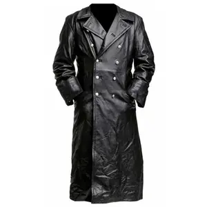 Mens Vintage Classic WW2 Officer Military Uniform Black Leather Trench Coat Jacket Long Trench Coat Motorcycle Jakcet
