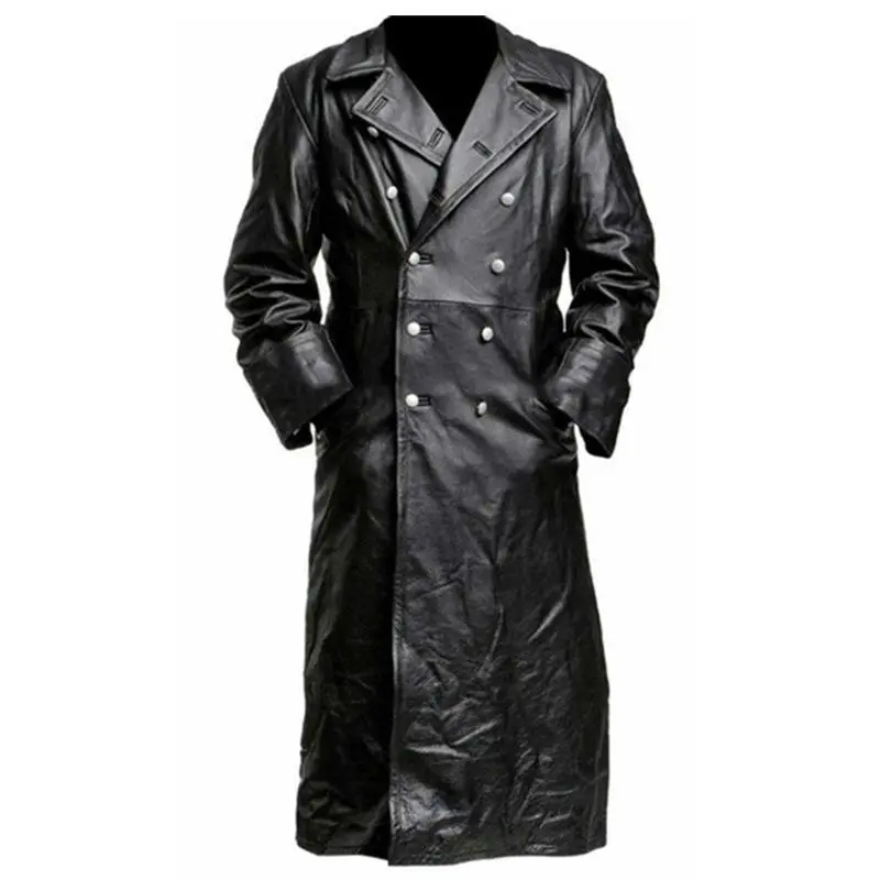 Mens Vintage Classic WW2 Officer Military Uniform Black Leather Trench Coat Jacket Long Trench Coat Motorcycle Jakcet