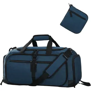 Foldable Duffle Bag with Shoe Compartment 50L Travel Duffel Bags for Men Women Packable Overnight Bag for Camping Gym Weekender, Drak Blue