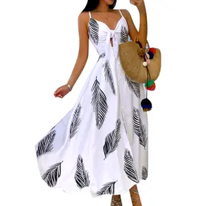 Explorinox Fashion Women V Neck Peacock Floral Print Large Hem Chest Knot Sling Long Dress