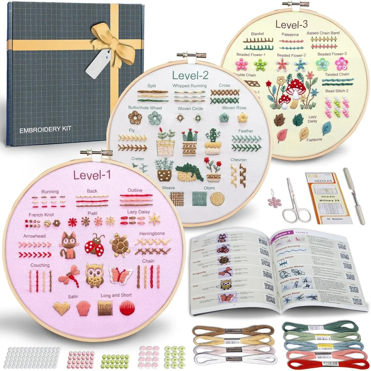 SQ-HDJ034 Beginner Embroidery Kit for Adults Kids, Learn to Embroider 37 Stitches and 13 Cute Patterns, Stitches Kit, Bead Embroidery Kit, Beginner Embroidery Practice