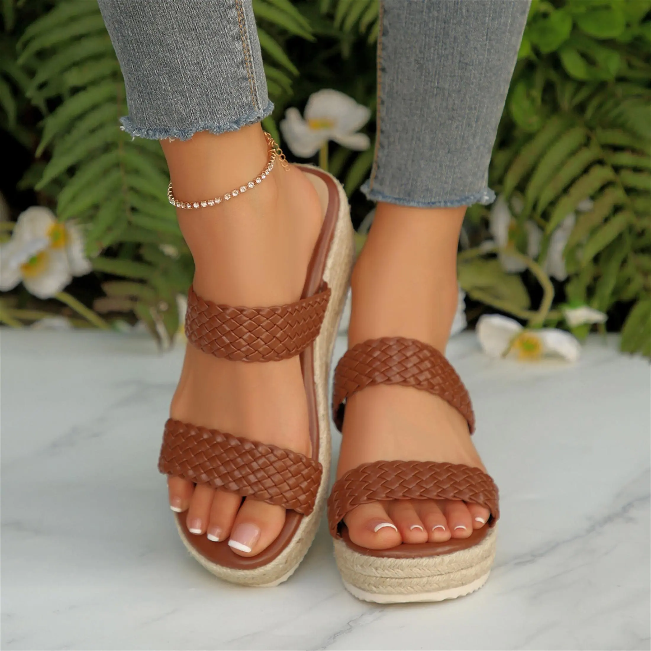 Women's Two Straps Wedge Heel Sandals Summer Anti-Skid Woven Platform Espadrille Sandals