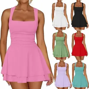 Women's Ruched Waist Party Dress - Square Neck Mini with Ruffle Hem & Bodycon Fit Summer Outfits gorgeous evening dress Casual Fabric Sleeveless Beach