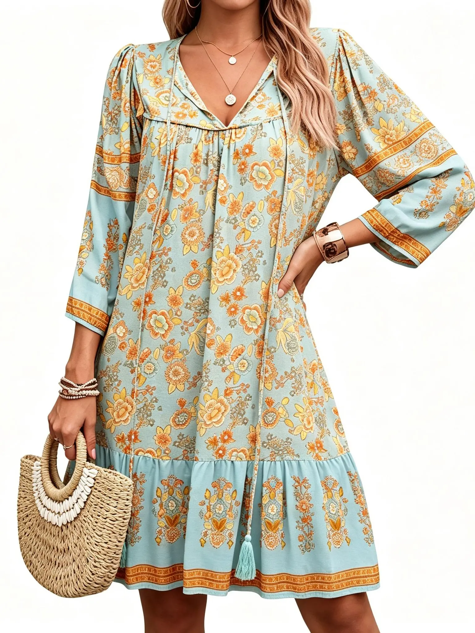 Floral Print Summer Dress for Women, Vintage Loose Fit Babydoll with Ruffle Trim, Comfortable and Lightweight Casual Soft, Vibe, Beach, Bohemian