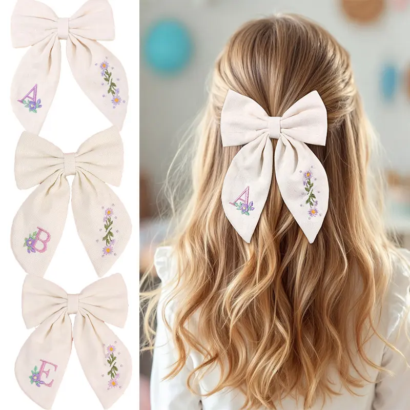 Girls' Personalized Initial-Embroidered Linen Bow Hair Clips - Floral Letter Monogram Barrettes for Daily Casual, Back to School Fashion Accessories
