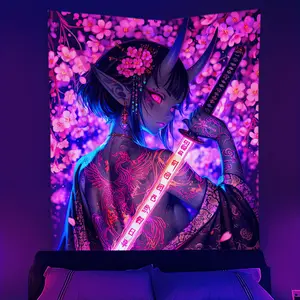 UV Reactive Anime Girl Blacklight Tapestry - Japanese Style Pink Glow in The Dark Neon Fluorescent Wall Hanging,  Living Room, Dorm - Unique Gift for Friends, Durable Fabric, Kawai 60X40 Decor Colorful Decoration