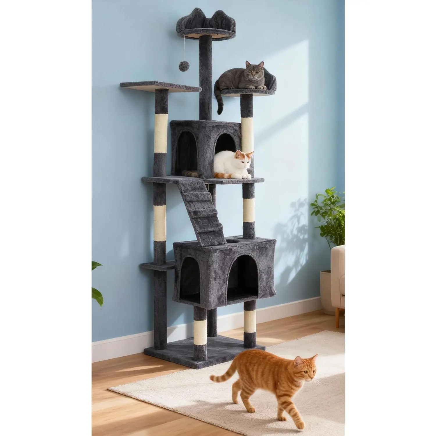 72" Cat Tree for Large Cats, Tall Cat Tower with 6 Scratching Posts, Large Top Perch, Balls & Sturdy Heavy Duty House for Adult Big Indoor Cats
