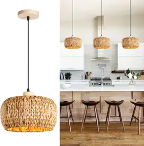 Boho Pendant Lights Kitchen Island, 11.8" Hand-Woven Rattan Seagrass Hanging Ceiling Light for Dining Room Farmhouse