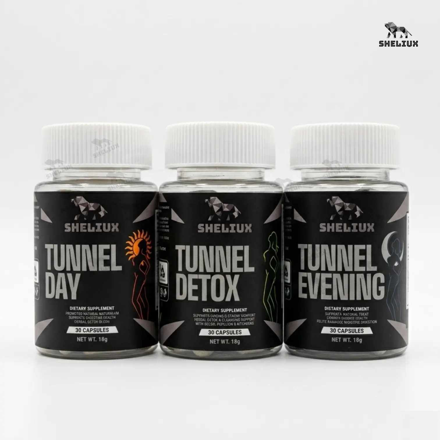 Sheliux Kit – Tunnel Day + Evening + Detox (3 Bottles) 30 caps each- Health Supplements