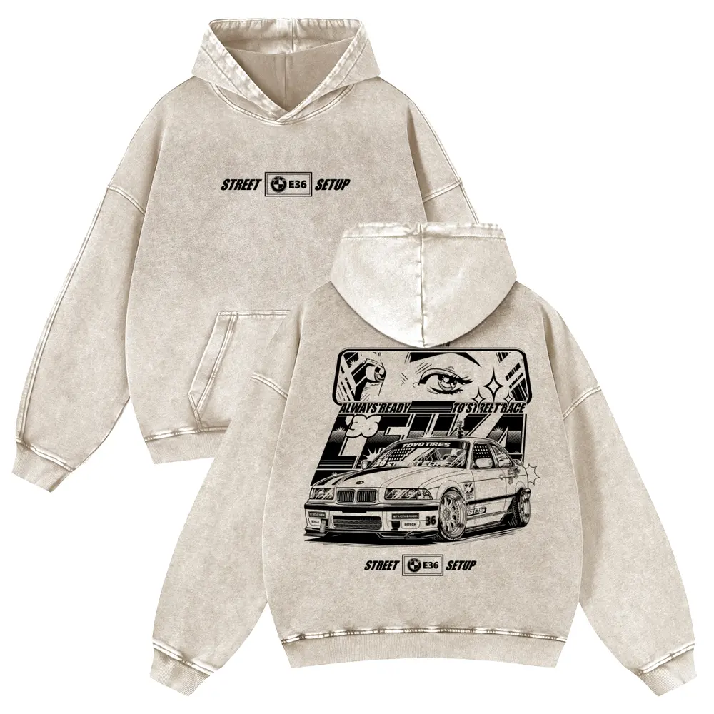Menswear Japan JDM Style E36 Cotton Long Sleeve Casual Pullover, 380g Autumn Vintage Washed Graphic Hoodie Sweatshirt, Oversize, Pairs With Jeans Or Pants, Multi-Size