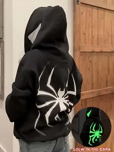 Women's Y2K style hoodie, casual long sleeved pullover, night glowing spider pattern, spring and autumn fashion