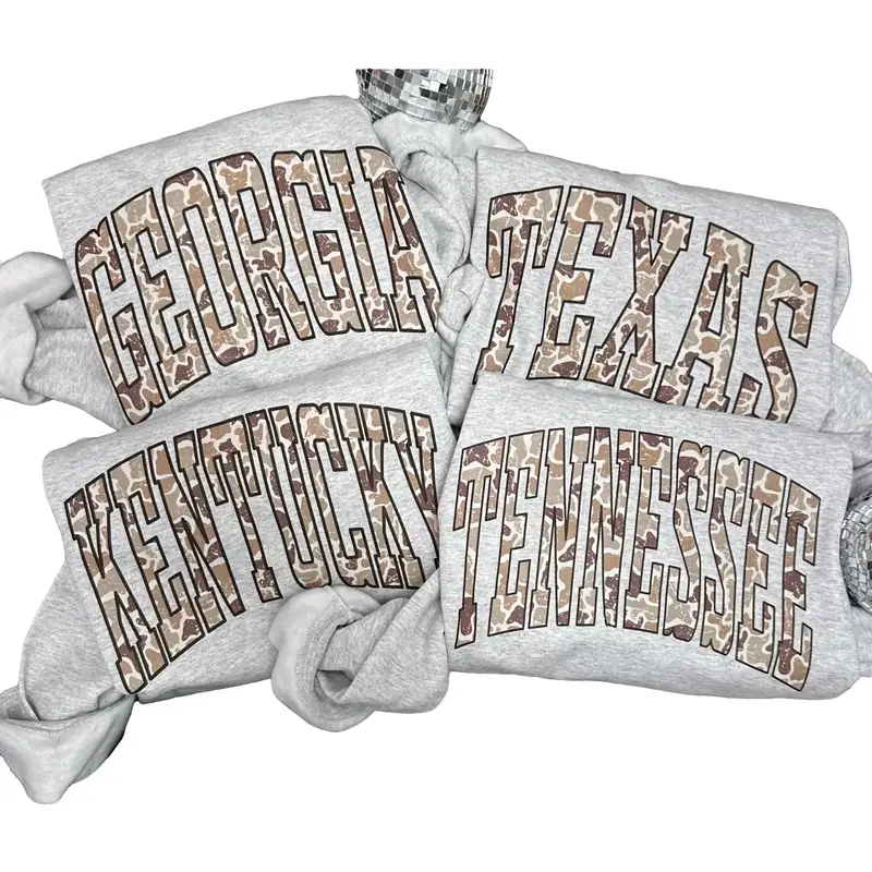 Gildan CAMO State Crewneck Sweatshirt - Ash Color, 100% Cotton, All 50 States Available
