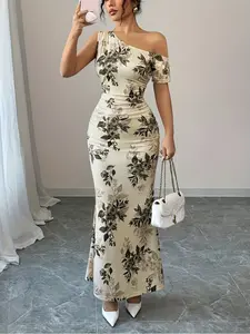 New Women's Floral Print Asymmetric Shoulder Ruffle Design Fish Tail Hem Elegant Party and Date Dress, Stylish Evening Gown for Special Occasions, Womenswear