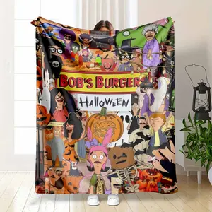 Halloween Burger Cartoon Flannel Blanket Funny Pumpkin Witch and Skeleton Print Soft Warm Cozy Lightweight Decorative Throw Blanket for Sofa Bed Living Room Office Holiday Gift