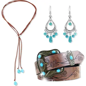 Bohemian Western Turquoise Women Pendant Long Choker Layered Earrings Belts for Women Bohemian Turquoise Set
