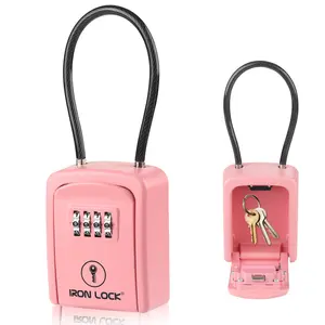 Iron Lock Portable Key Lock Box Small, Cable Shackle, Combination (Pink)