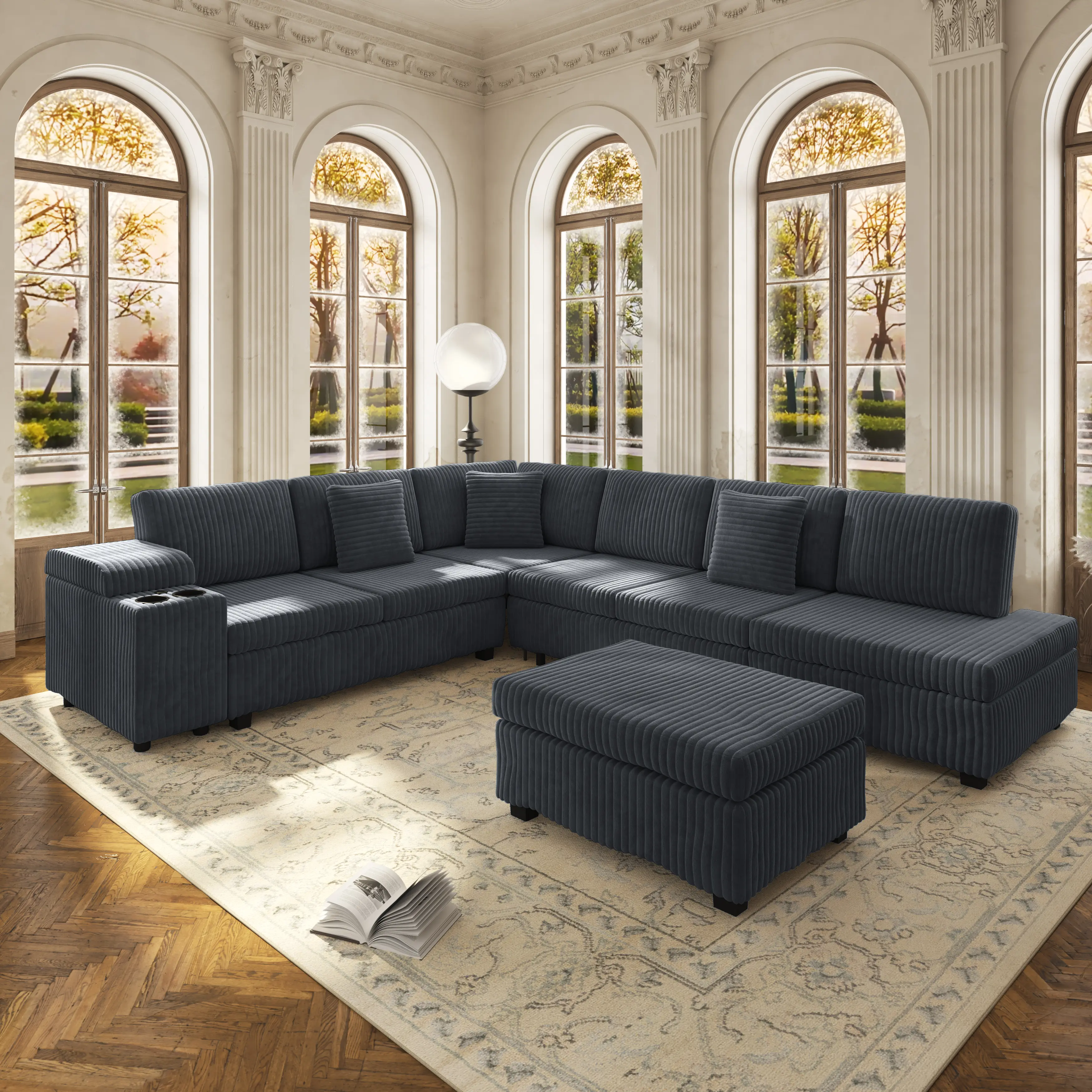 110.2" L-Shaped Sofa Bed with Removable Ottoman – Corduroy Upholstered Sectional, Hidden Armrest Storage, USB Charging & Cup Holders, Convertible Sleeper, Perfect for Living Room and Family Gatherings