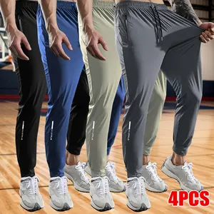 Men's Solid Color Ice Silk Athleisure Pants - Thin, Breathable, Comfortable Active Gym Pants with Elastic Drawstring Waistband, Multiple Zipper Pockets, Suitable for Running, Outdoor Activities