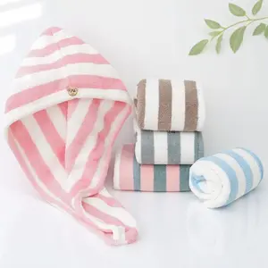 Striped Pattern Hair Drying Towel, 2 Counts/set Quick Drying Hair Towel Wrap, Soft Absorbent Hair Towel for Women & Girls, Hair Turban Towel