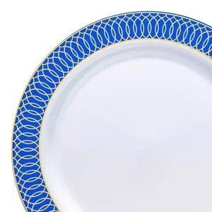 White with Gold Spiral on Blue Rim Plastic Dinner Plates (10.25")