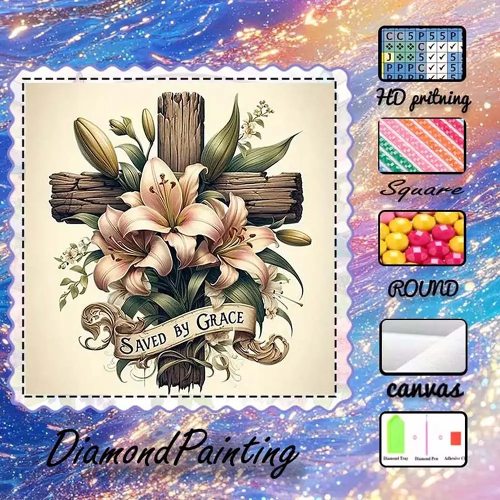 DIY 5D Flocked Diamond Painting Kit, AB Drills, Fairy Dust Drills, Crystal Drills, Cross, Lily, Scroll Diamond Embroidery, Embroidery Design, Special Craft Art Kit, Wall Decoration, Gift for Family, Lover, Friends, Diamond Pattern Design