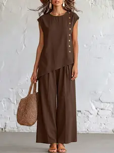 ZANZEA Women's Round Neck Short Sleeve Open Front Button Top + Elastic Waist Wide Leg Pants Set, Two-Piece, European Style, Casual Travel Wear