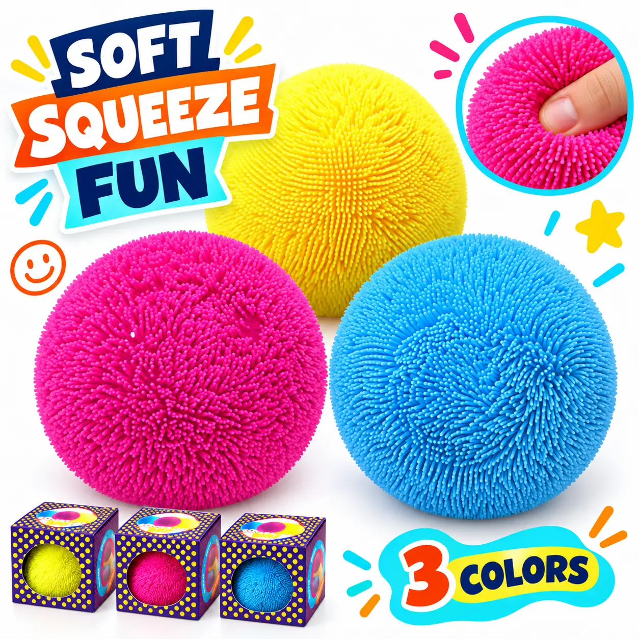 Fuzzy Ball Squishy Toy, Soft Sensory Squeeze Ball, Satisfying Stress Relief Fidget Toy, 2.76in Desk Toy, Cute Gift & Party Favor, 3 Colors