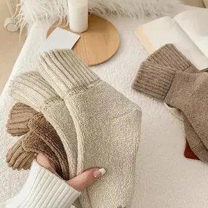 Winter Comfort Socks for Women 5 Pairs Thickened Towel Socks Solid Color High Ribbed Plush Casual Snow Socks Size 35-41