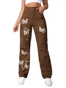 Women's Butterfly Print Jeans, High Waist Slimming, Ripped Wide Leg Pants, Casual Daily Wear, Boho Style, All Seasons, Womenswear