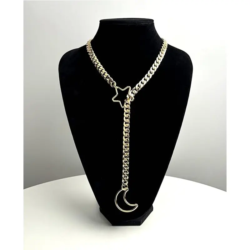 Retro cutout star-and-moon drawstring necklace; sweet‑cool hot‑girl Cuban chain neck chain; niche design with a premium feel; collarbone chain accessory