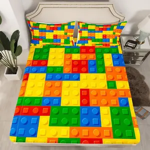 Kids Games Bed Sheet Set for Child Bedroom Color Building Blocks Fitted Sheet for Boys Girls Gift Toy Brick Bedding Set Nursery Bed Cover with Pillowcase Decor