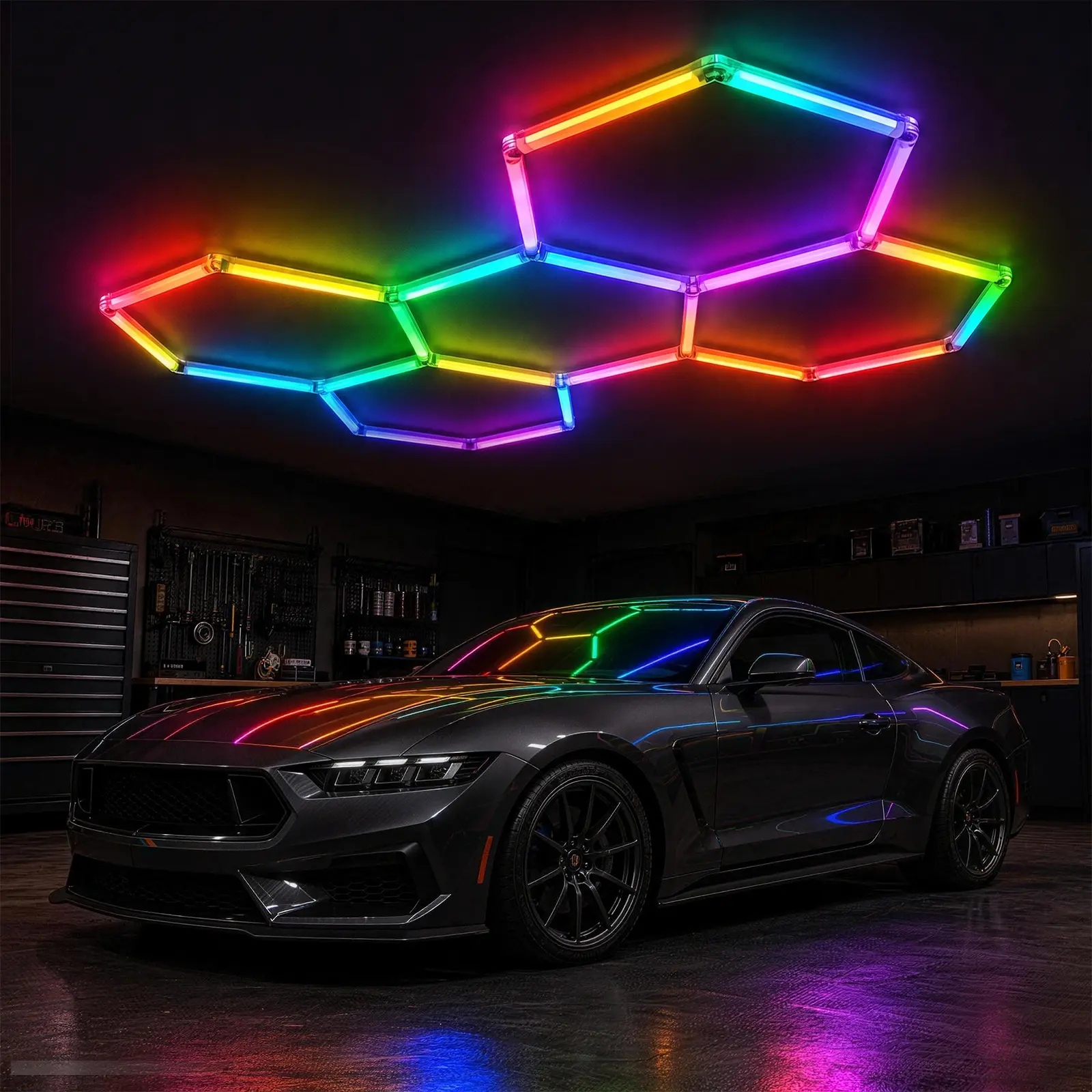 HYPERLITE RGB Hexagon Garage LED Light System, DIY Color Panels with Music Sync, Remote/Smart App Control,58 Kinds of Colorful Lighting， LED Panels for Modern Glow for Gamers, No need to distinguish the direction，Studios, Home Improvement Ceiling, Gaming