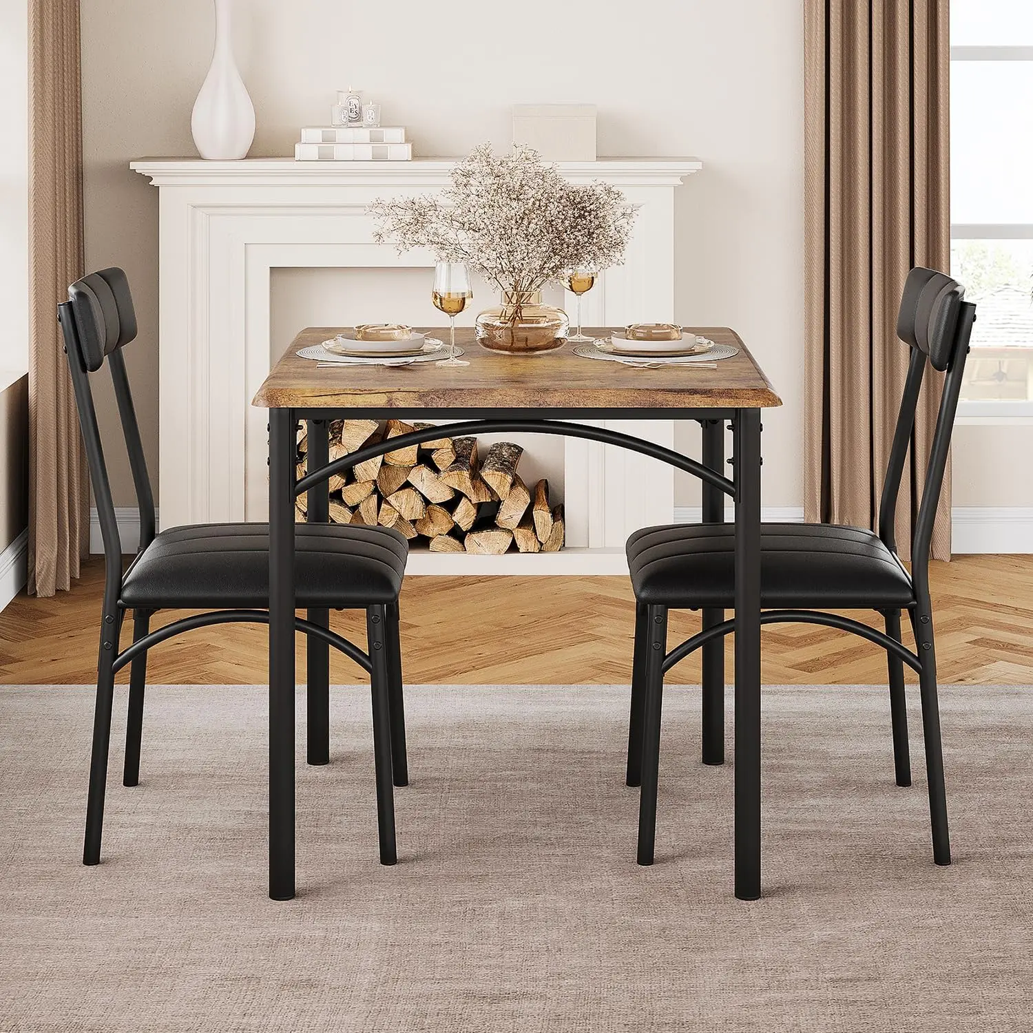 Dining Table Set for 2, Kitchen Table with 2 Upholstered Chairs, 3 Piece Square Dining Room Table Set, for Small Space, Apartment, Home, Kitchen, Retro Brown Living Room Furniture Wood Set