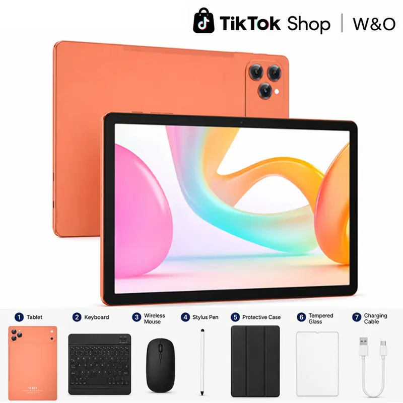 W&O 11.1-inch Tablet with Cellphone Compatibility, Android 15, 5G WiFi, 12GB RAM + 256GB Expandable Storage, 10000mAh Long-Lasting Battery, Keyboard, Mouse, Case, Stylus, Dual Camera, Portable Work Device, Back to School Valentine's Day Gift Bundle