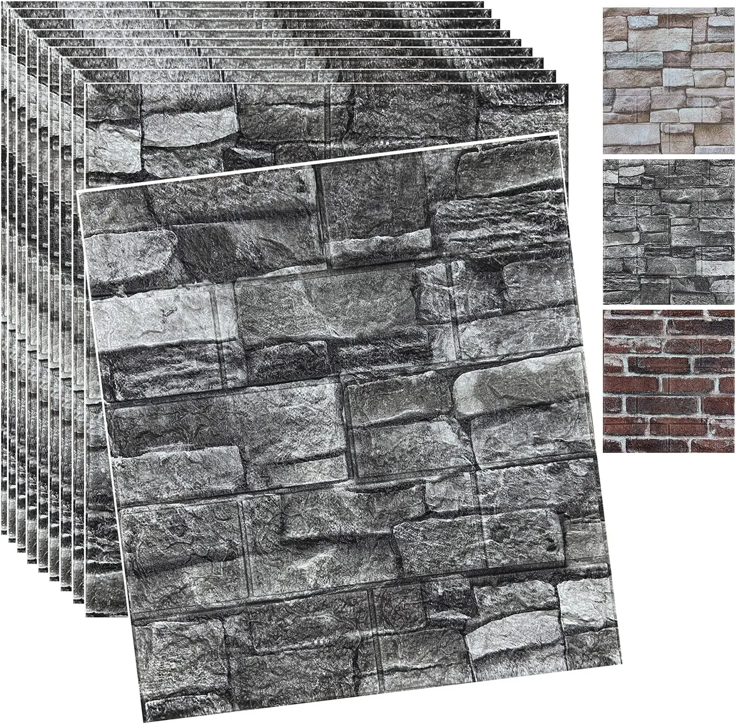 10-Pack Faux Stone Panels, 0.27 In Thick 15.1"x13.5" Soundproof Synthetic 3D Peel-and-Stick Self-Adhesive Wallpaper for Fireplace, TV Wall, Stairs (Black, Easy Install, 3D Effect)