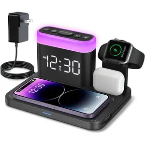 Station,5 in 1 Multiple Charger Stand with  Clock,7 Night Light,Mag-Safe  Dock for  16 15 14 13 12 11 Pro Max Plus, Watch10/9/8/7,for Airpods,Bedrooms