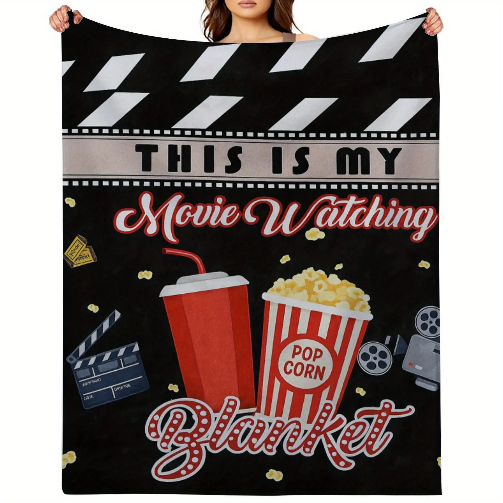 280GSM Heavyweight Flannel Movies Blanket - Shawl with Popcorn,Tickets,Clapperboard Prints - All-Season Comfort for Home Theater - Soft Texture Gift for Movie Enthusiasts, All Seasons
