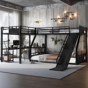 Triple Bunk Bed Twin XL over Queen L-Shaped Metal Bunk Bed with Single Loft Bed, Desk, and Storage Shelves, USB Charging Port Included - Metal Triple Bunk Bed with Slide,Black